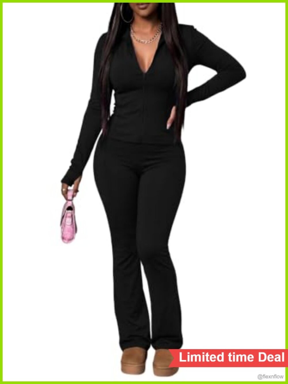 Women Two Piece Workout Set Long Sleeve Fitted Full Zip Top Flare Pants